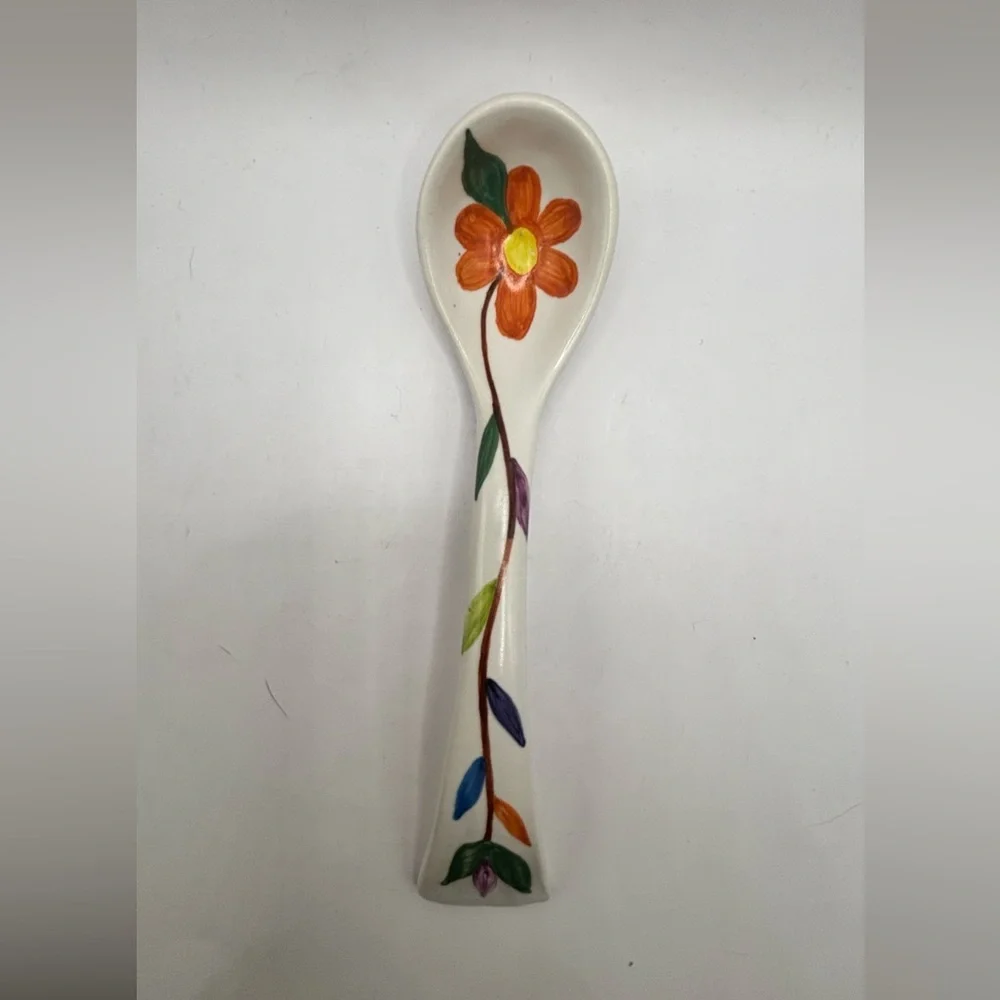 Hand-Painted Floral Ceramic Decorative Spoon - Orange Flower 7.5” long